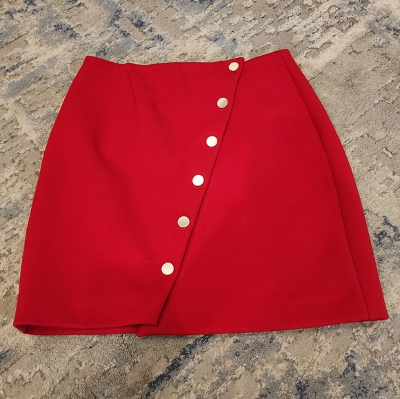 Maje Snap Asymmetrical Button Red Justine Mini Skirt Size 40 Size 8 - Picture 10 of 16